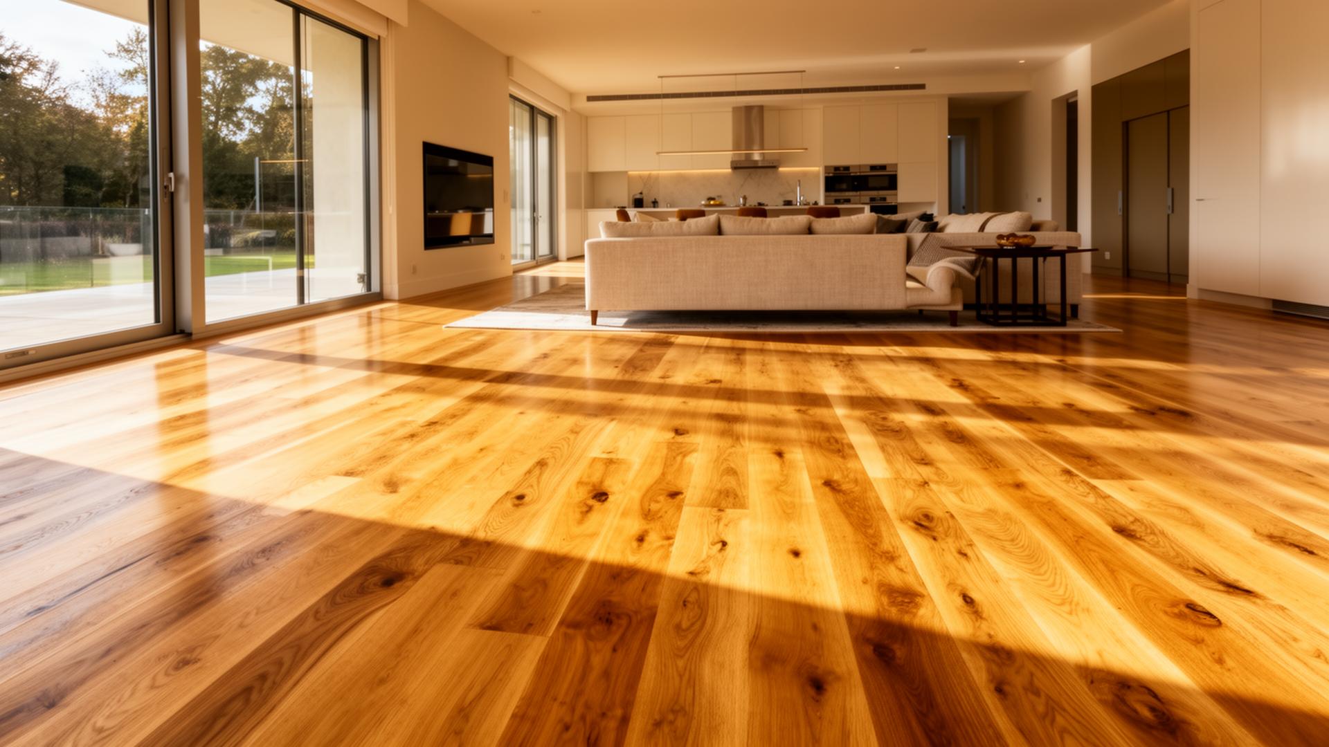 Beautifully refinished hardwood floor in a sunlit living room